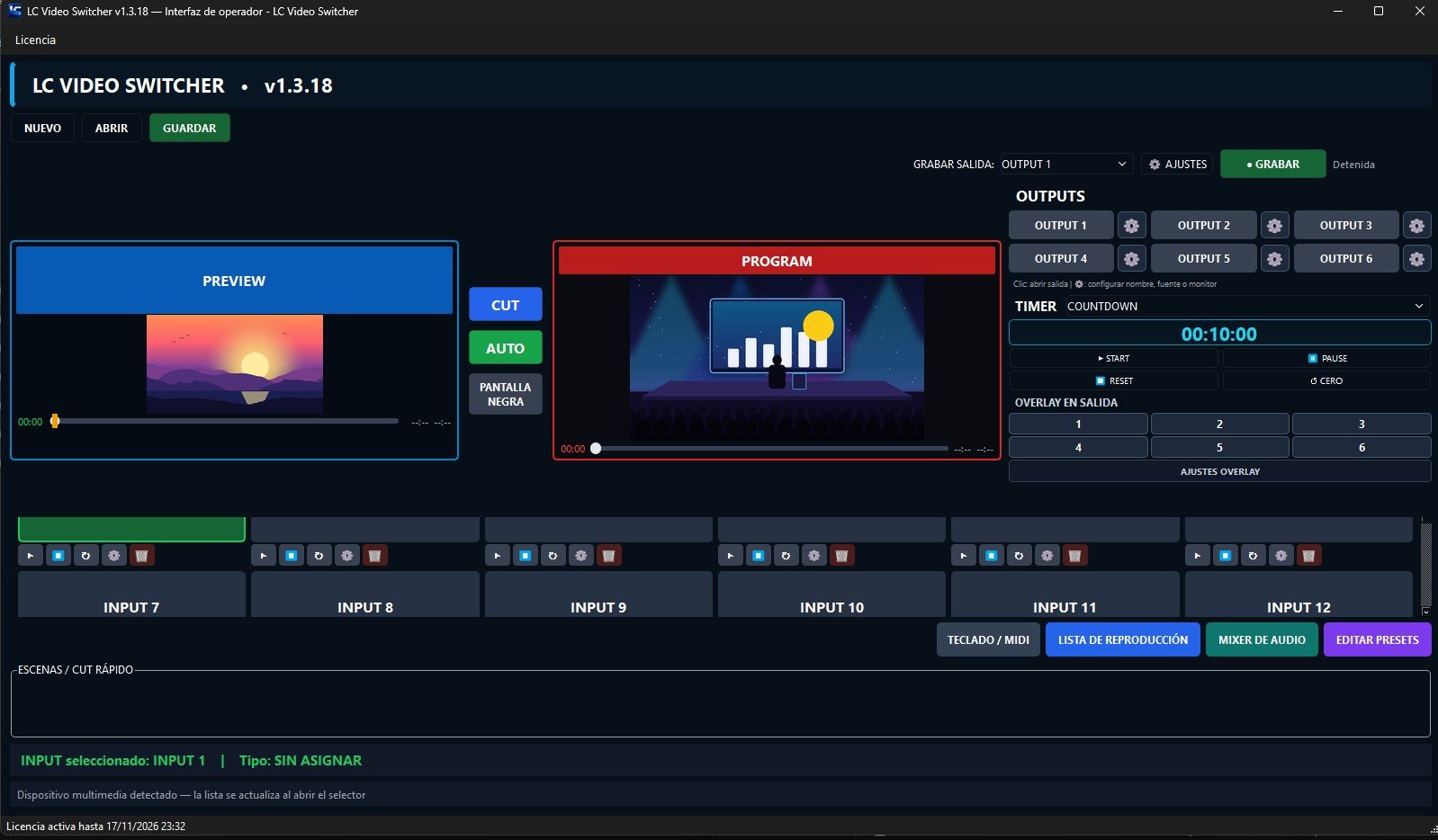 Interfaz de LC Video Switcher: monitores PREVIEW y PROGRAM, botones CUT y AUTO, seis salidas, timer, overlays e inputs